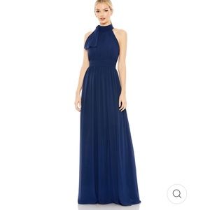 Mac Duggal 2 Ieena Navy Blue High Neck Chiffon Tiered Gown NWT Halter Midnight